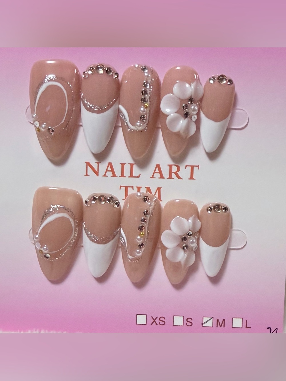 Nude & White Floral Rhinestone Press-On Nail Set